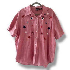 Vintage Quizz Red Gingham Button Up Shirt Women's Plus Size 22 Embroidered Stars